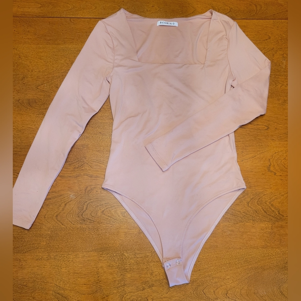 Reoria Women's Blush Pink Long Sleeve Bodysuit | Double Lined | S